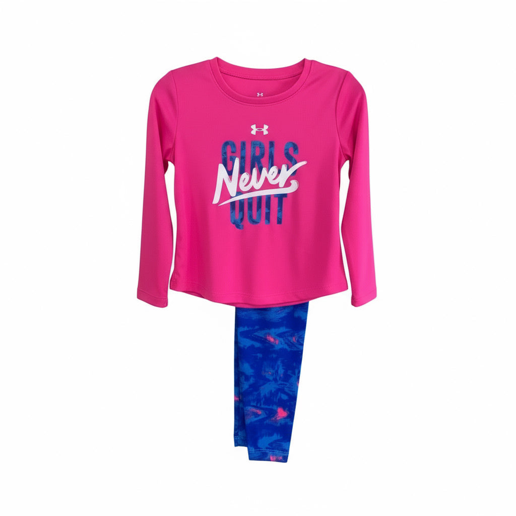 Girls “Never Quit” Under Armour Outfit – Motivational Pink Long Sleeve Tee & Blue Patterned Leggings Set