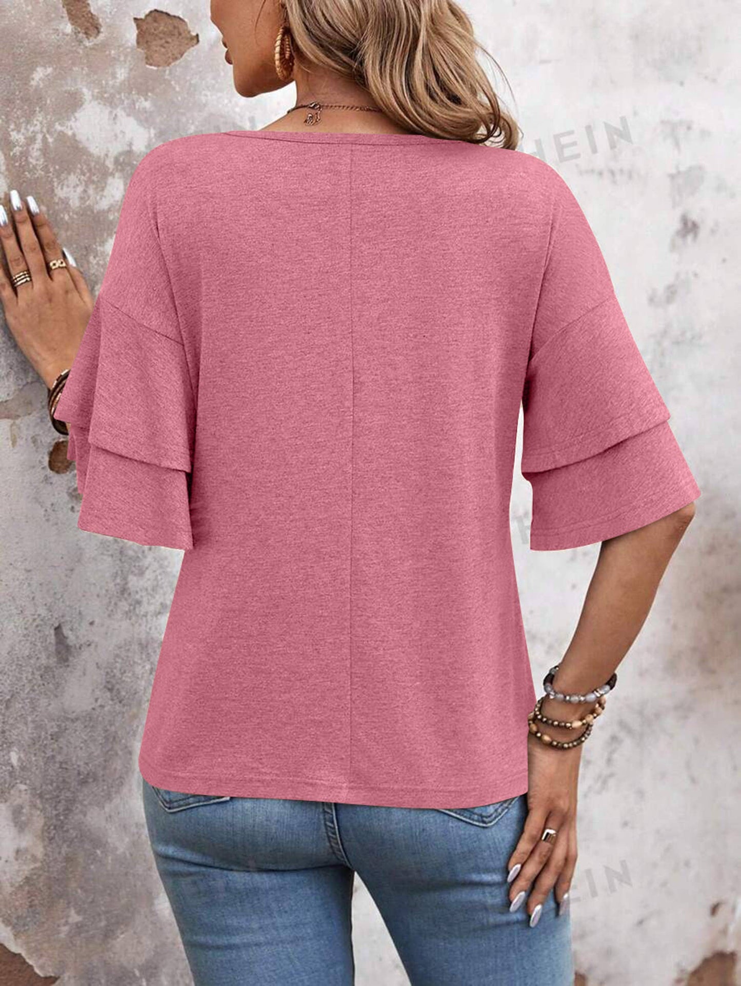 Solid Color V-neck Double-layer Sleeve Short Sleeved Top