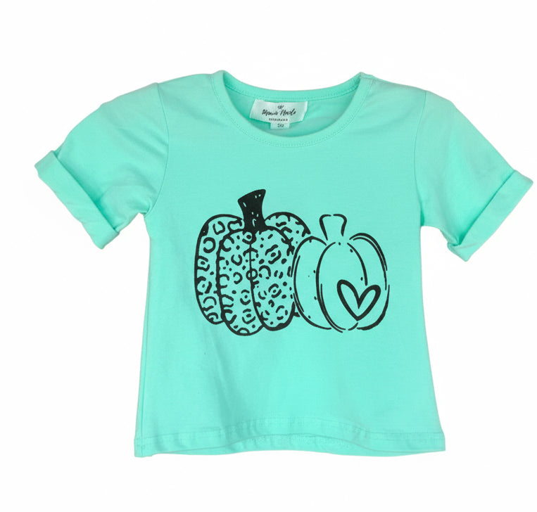 Kids Mint Pumpkin Fall Tee – Leopard & Heart Graphic Shirt for Girls