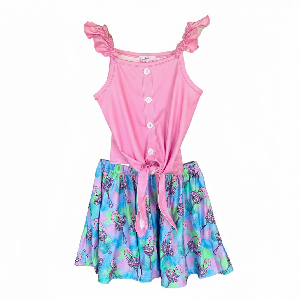 Girls Flamingo Tropical Skirt Set – Pink Button Tie Top & Flowery Ruffle Skirt