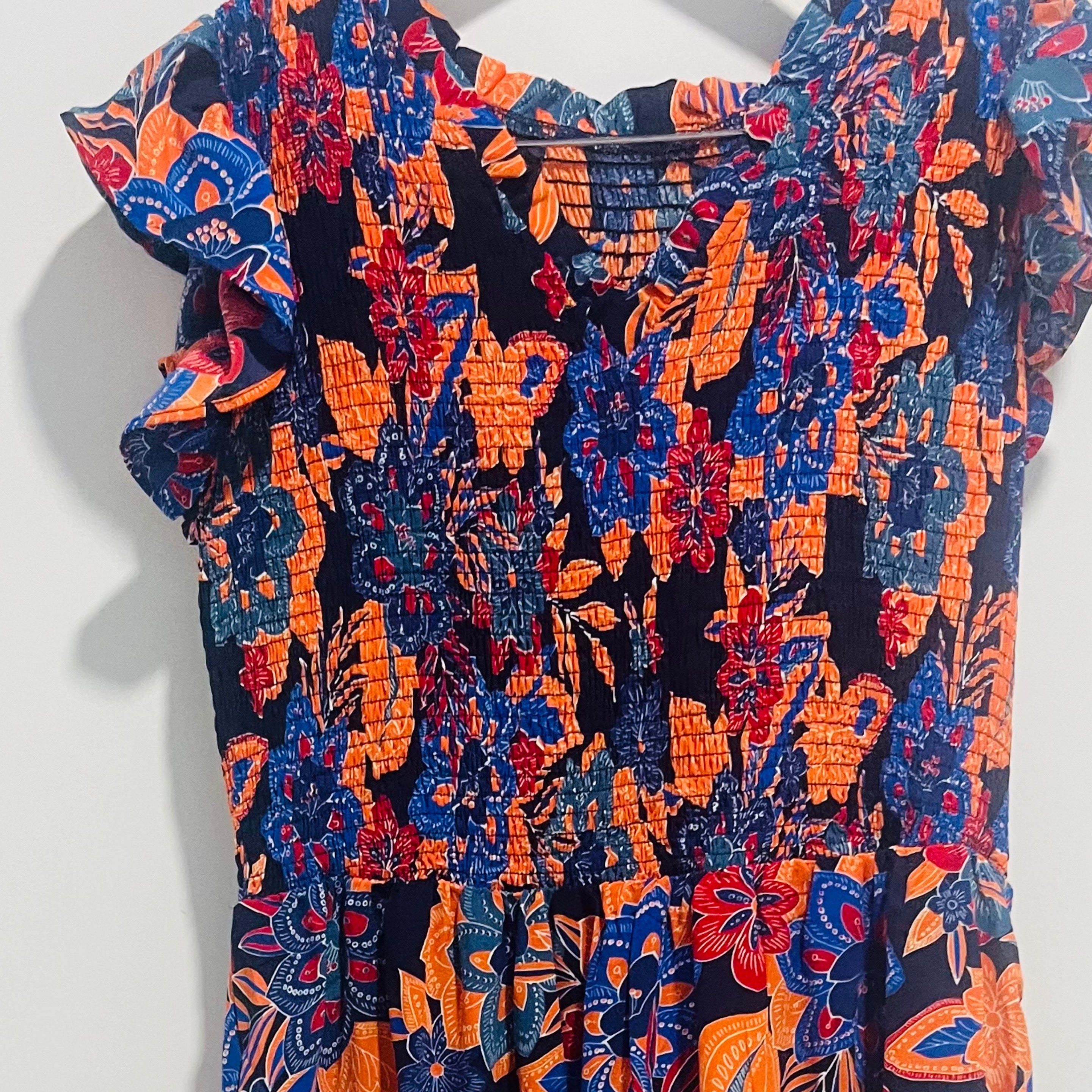 Dark Blue Boho Floral V Neck Tiered Dress