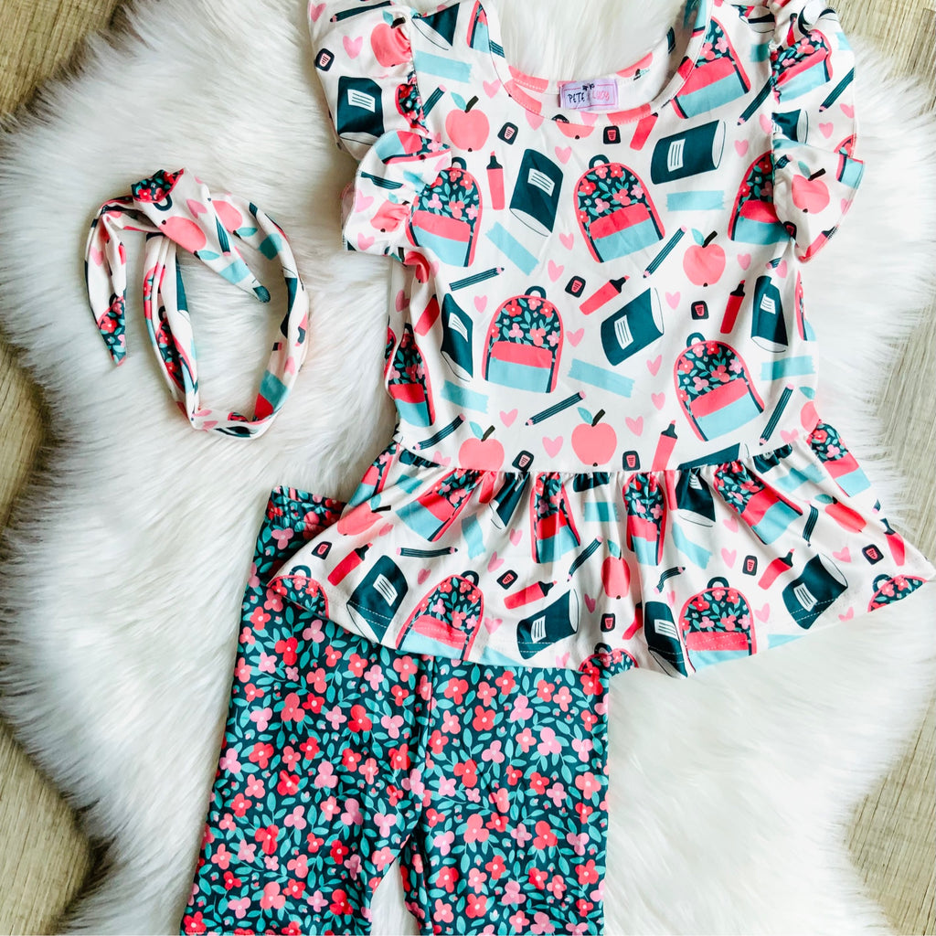 Girls Study Buddies Back-to-School Set – Peplum Top, Floral Leggings & Matching Headband