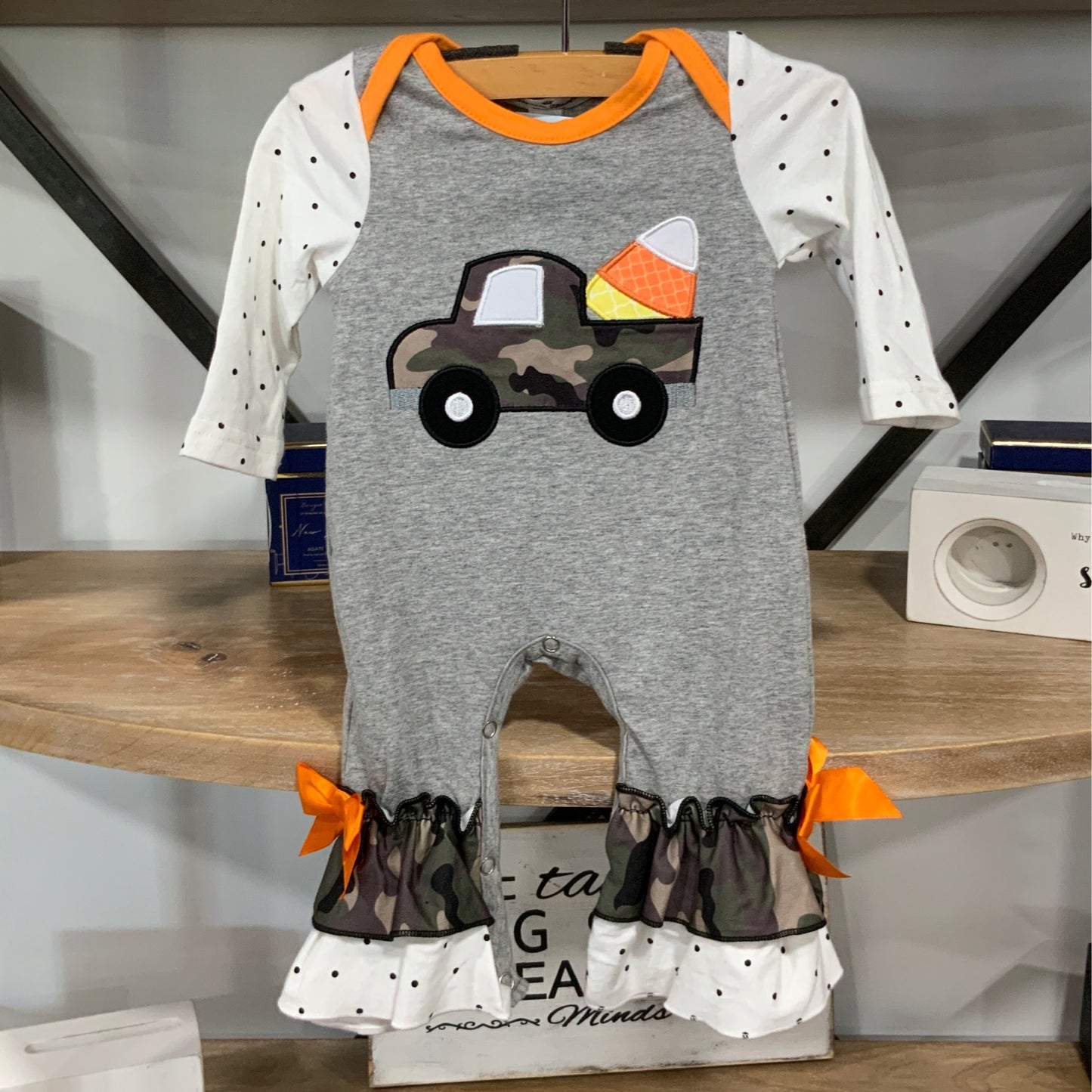 Candy corn camo truck romper Ruffle