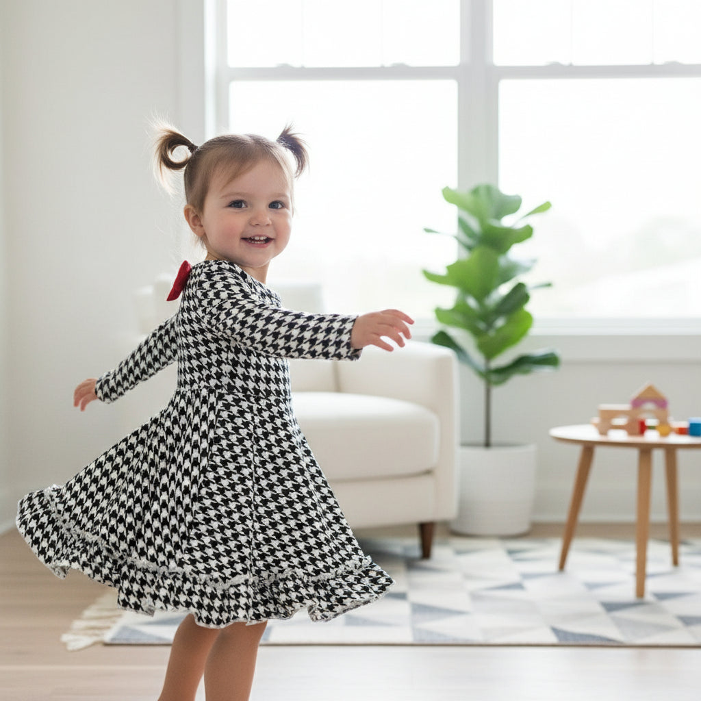 "Girls' Houndstooth Ruffle Dress – Classic Black & White with Flared Skirt"
