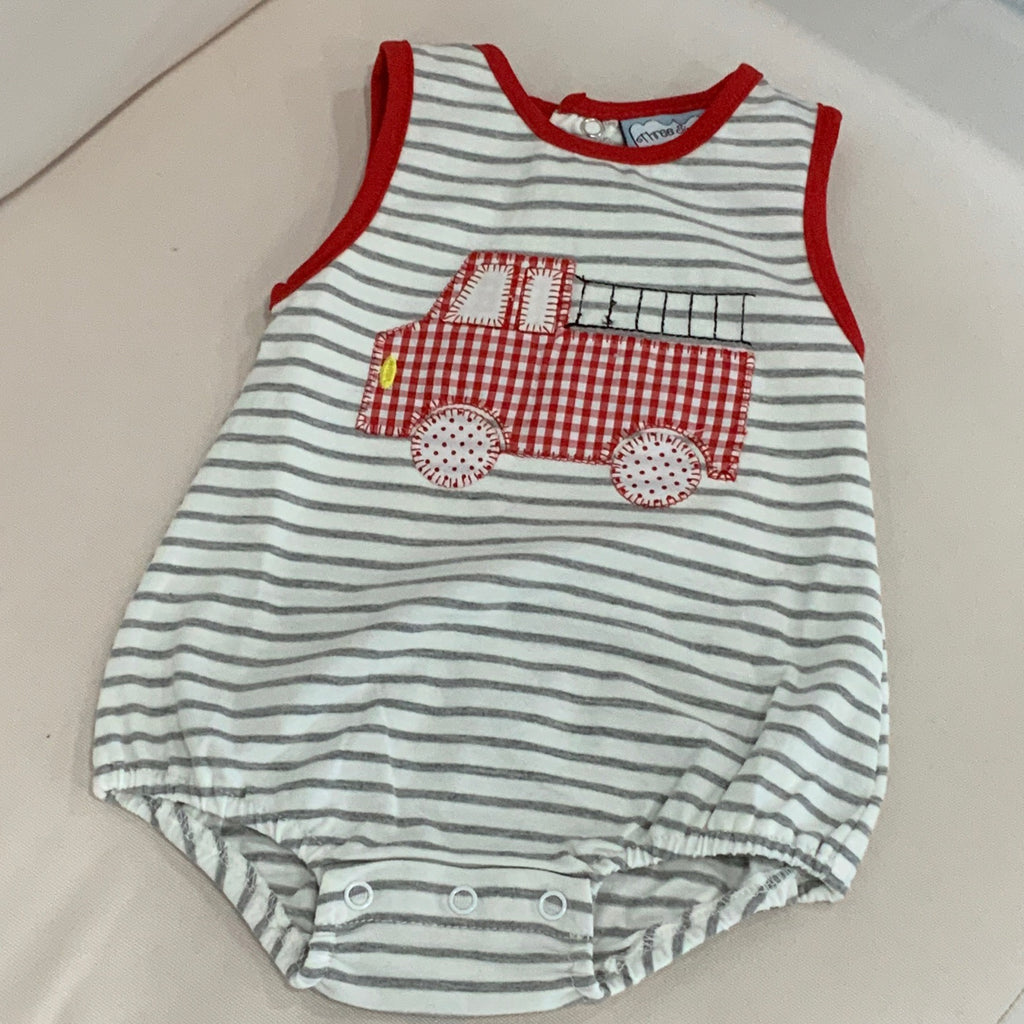 Fire Truck Bubble Romper – Red Check Appliqué Striped Sleeveless Outfit
