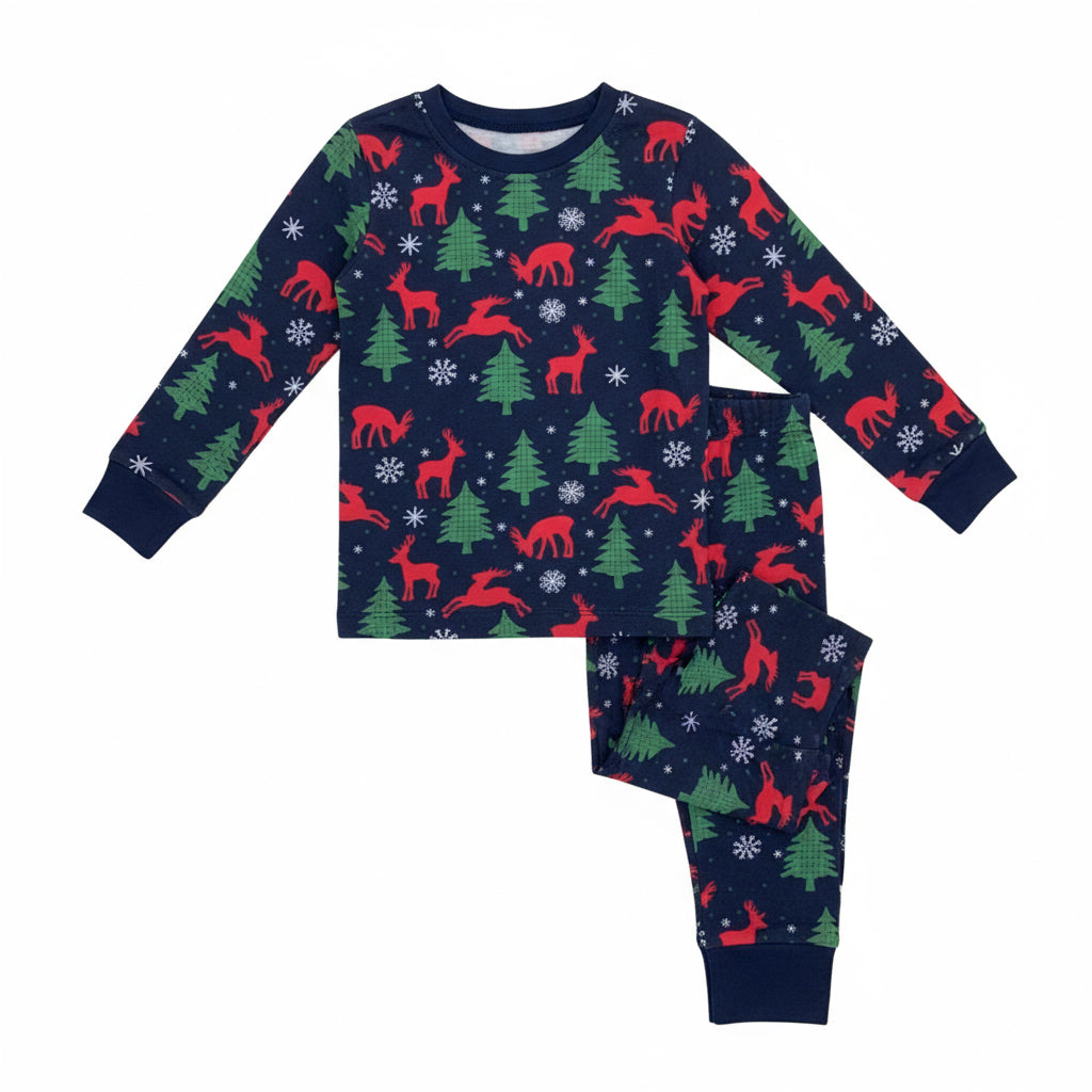 Boys Navy Forest Christmas Pajama Set – Holiday Sleepwear with Reindeer, Trees & Snowflakes