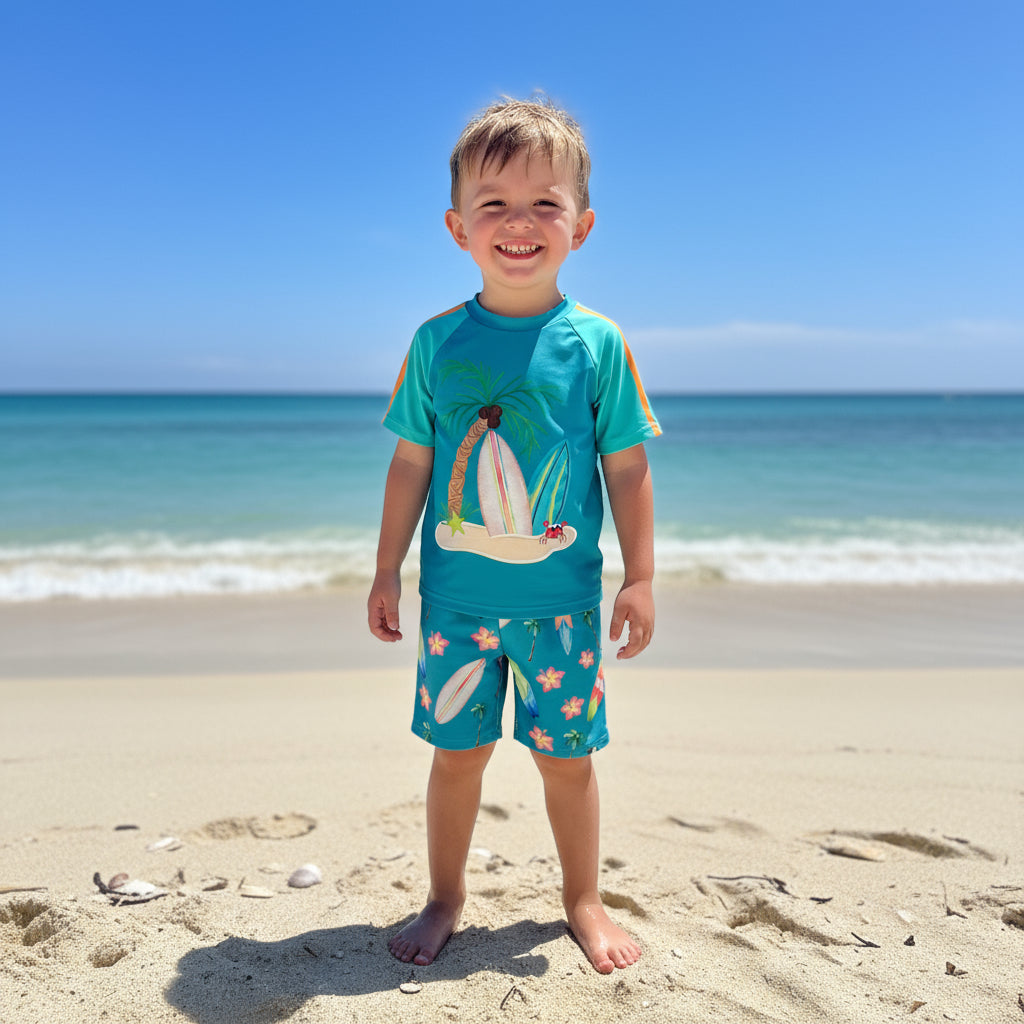 Children's swim set with tropical design on a white background