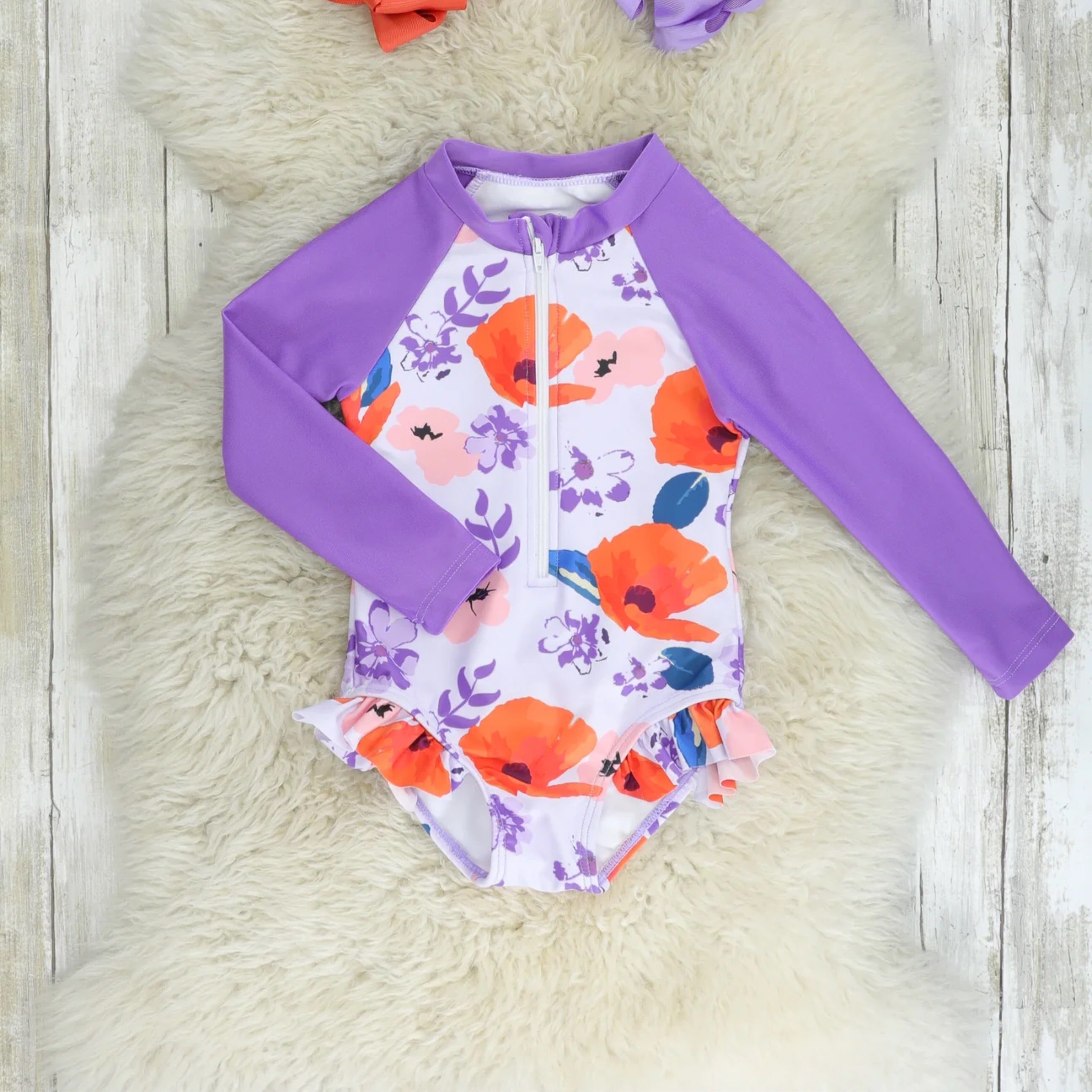 Purple floral rash guard swimsuit