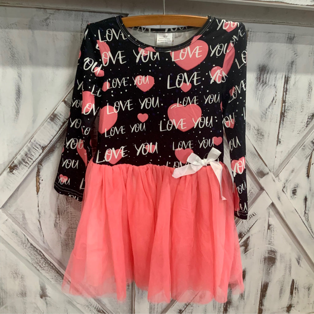Girls “Love You” Tutu Dress – Black Heart Print Top & Pink Layered Tulle Skirt with Bow