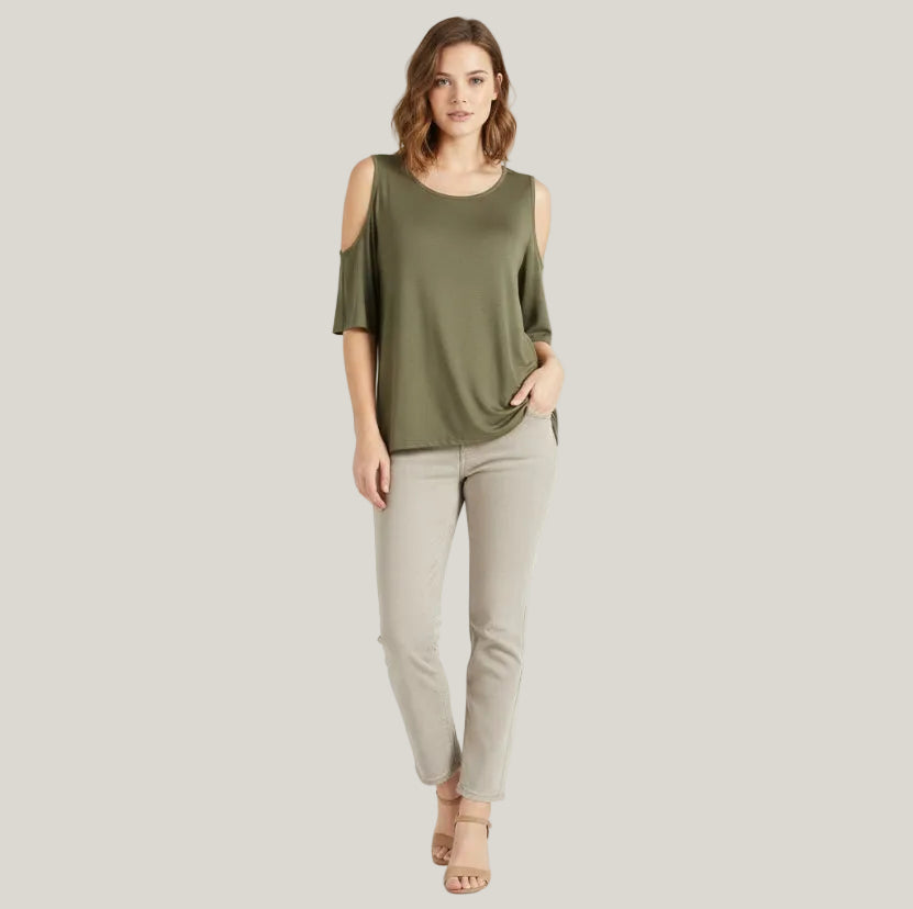 Women’s Olive Cold Shoulder Tunic – Short Sleeve Cutout Top with Relaxed Fit & Chic Silhouette