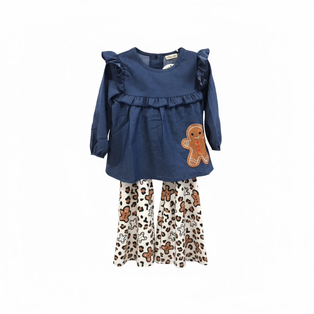 Girls Gingerbread Holiday Outfit – Navy Ruffle Top & Gingerbread Print Bell Bottom Pants Set
