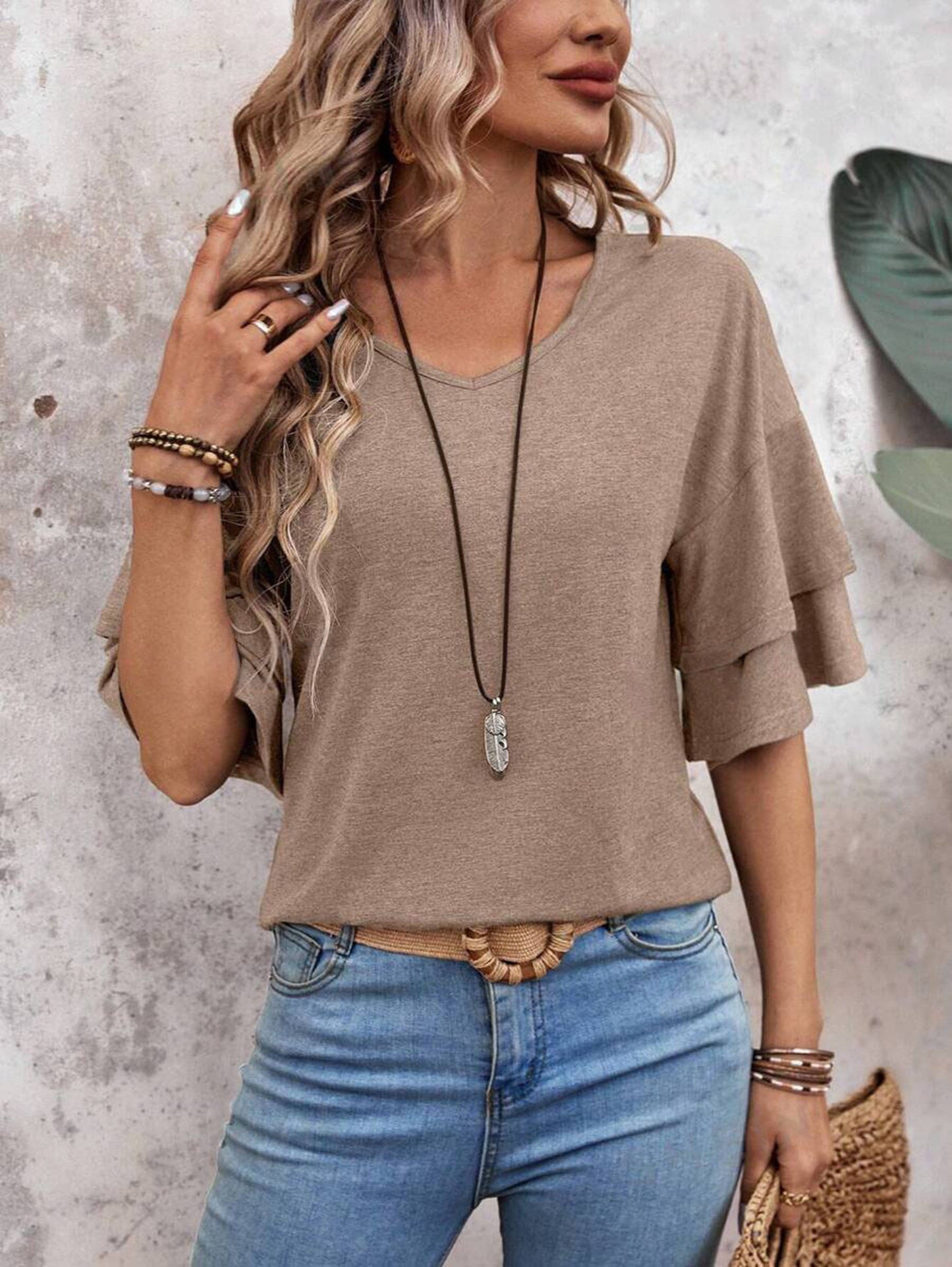 Solid Color V-neck Double-layer Sleeve Short Sleeved Top