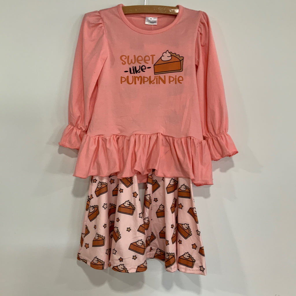 Girls “Sweet Like Pumpkin Pie” Fall Outfit – Pink Ruffle Top & Pumpkin Pie Print Skirt Set