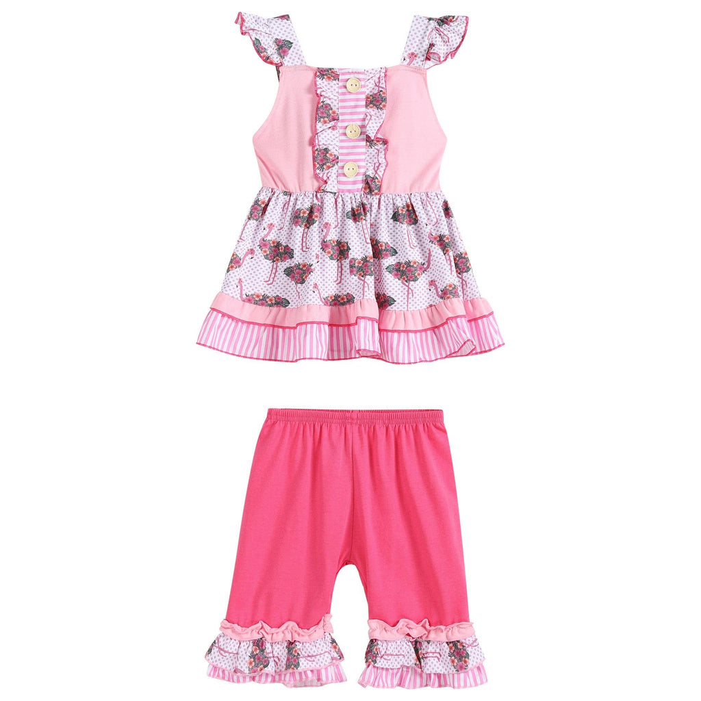 Girls Flamingo Summer Outfit – Pink Polka Dot Sundress Top & Ruffle Shorts Set