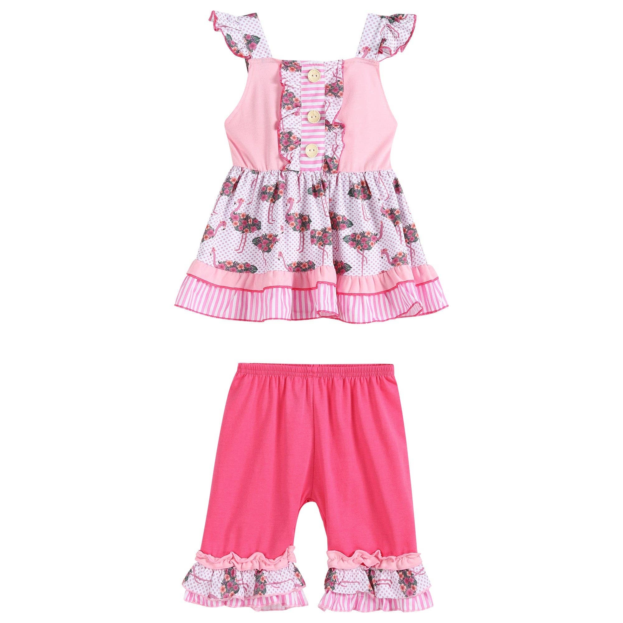 Girls Flamingo Summer Outfit – Pink Polka Dot Sundress Top & Ruffle Shorts Set