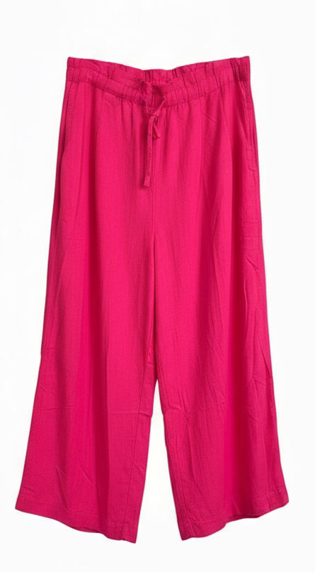Hot Pink Linen Wide-Leg Pants with Pockets – Lightweight Cropped Trousers for Women’s Summer & Resort Style