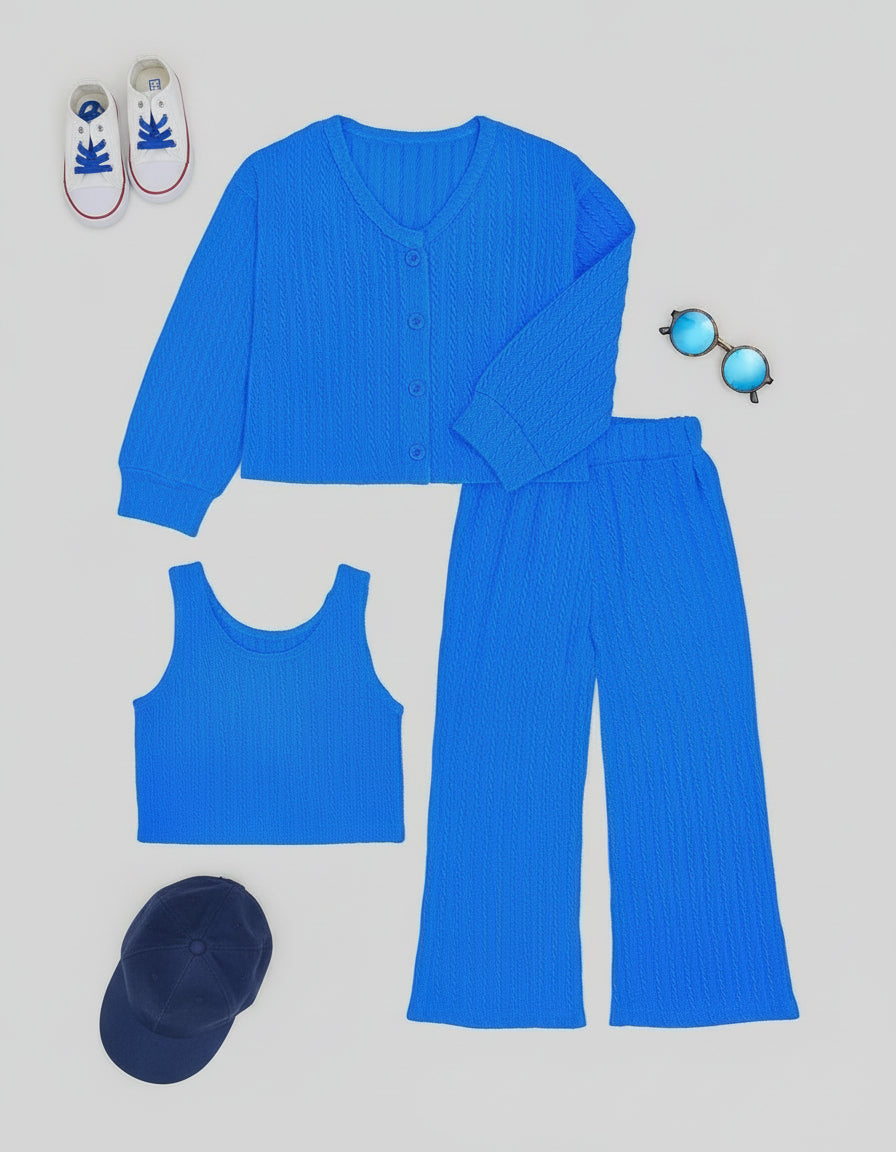 Girls' Ribbed Lounge Set – 3-Piece Flare Pants, Tank & Cardigan in Soft Knit