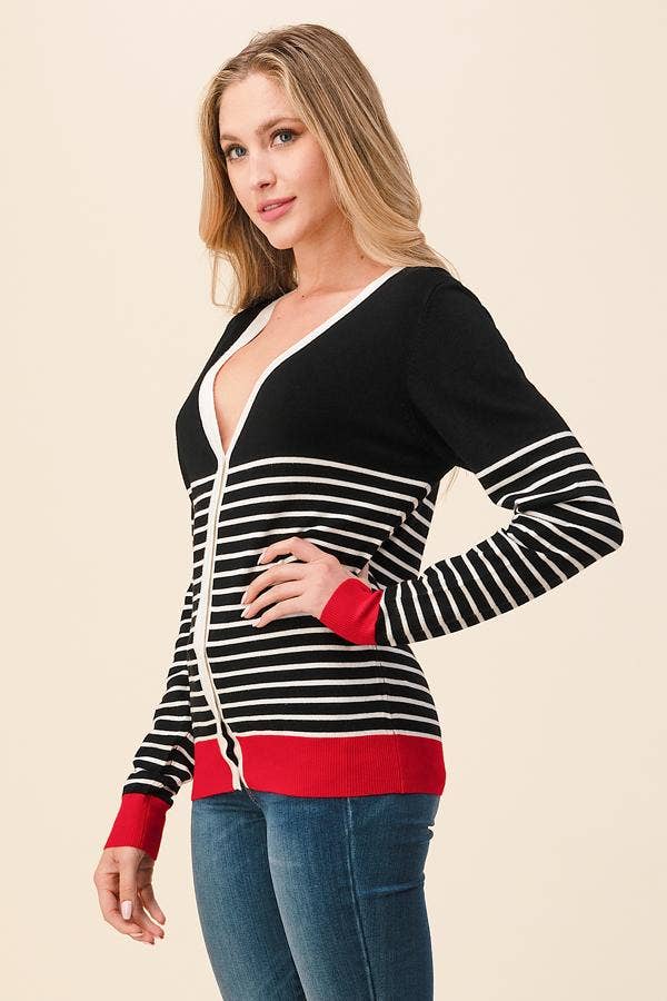 Joy Colorblock Cardigan – Black, Red & White Striped Knit for Women