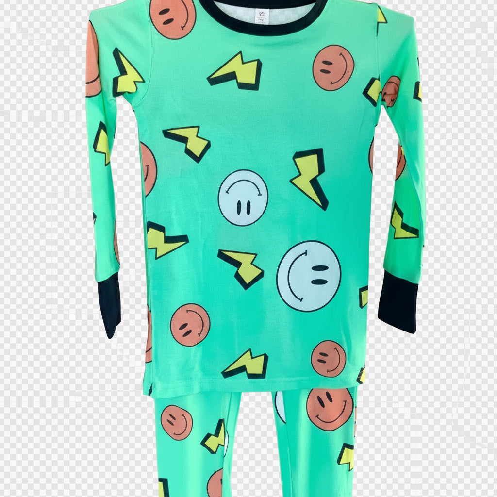 Charged & Cheesin Bamboo Pajama Set – Smiley Face 2-Piece Sleepwear for Kids