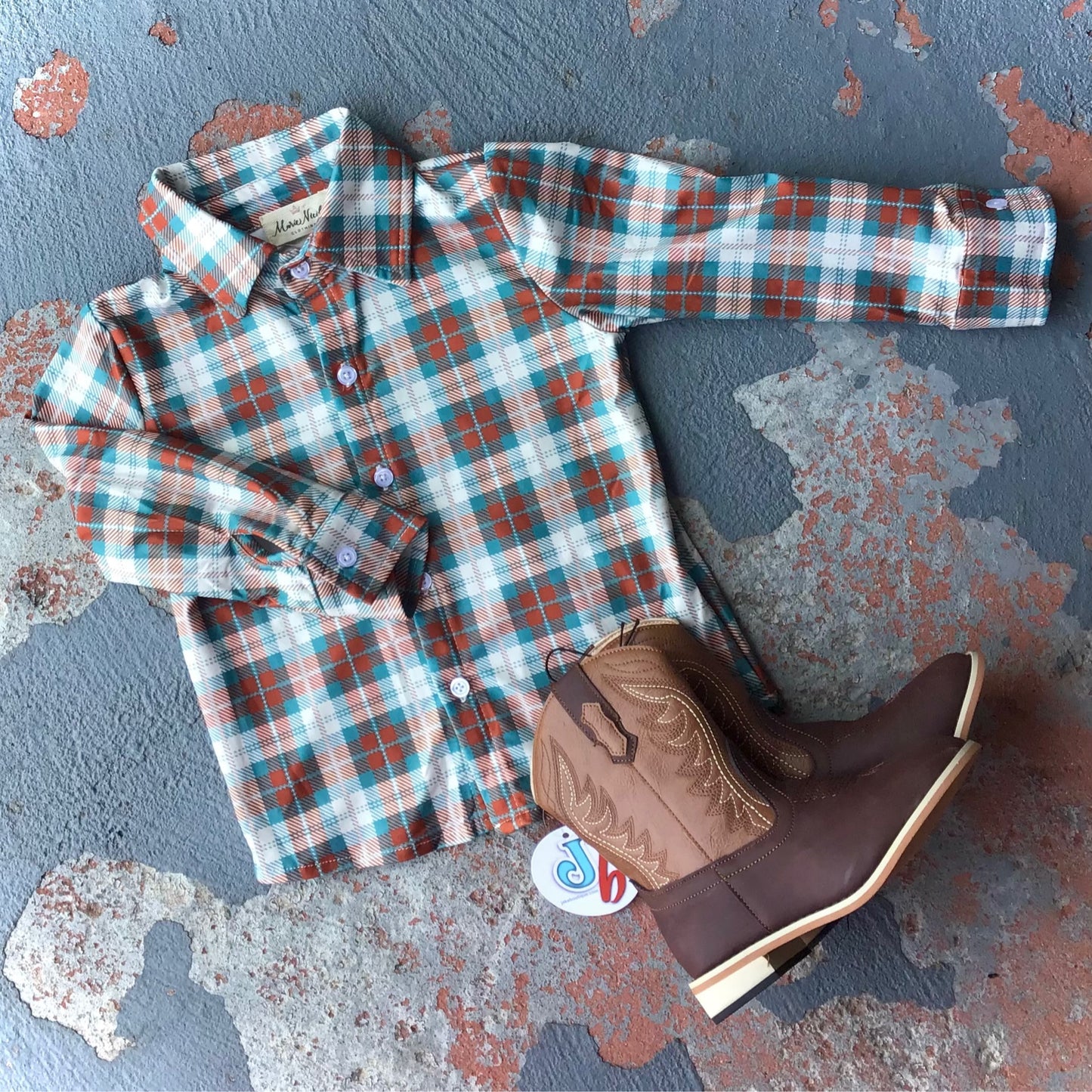 Brown & Turquoise Plaid Button Up