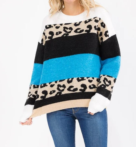 Person wearing a colorful sweater with leopard print stripes on a white background