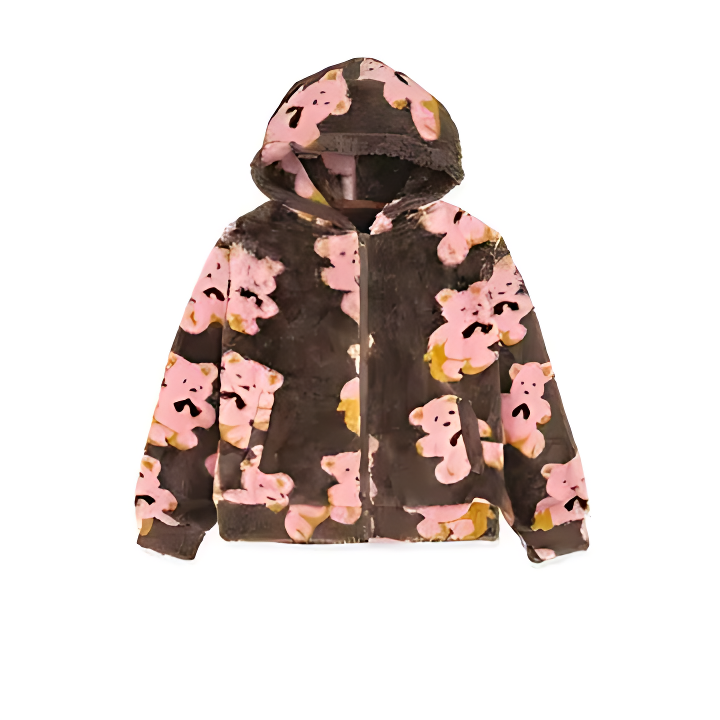 Toddler Girls’ Fleece Teddy Bear Hoodie – Plush Zip-Up Jacket with Pink Bear Print