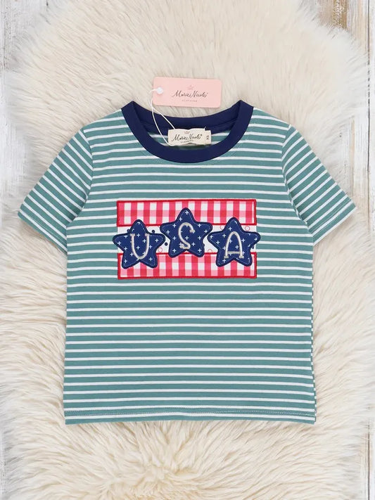 USA Shirt Green Striped Embroidered